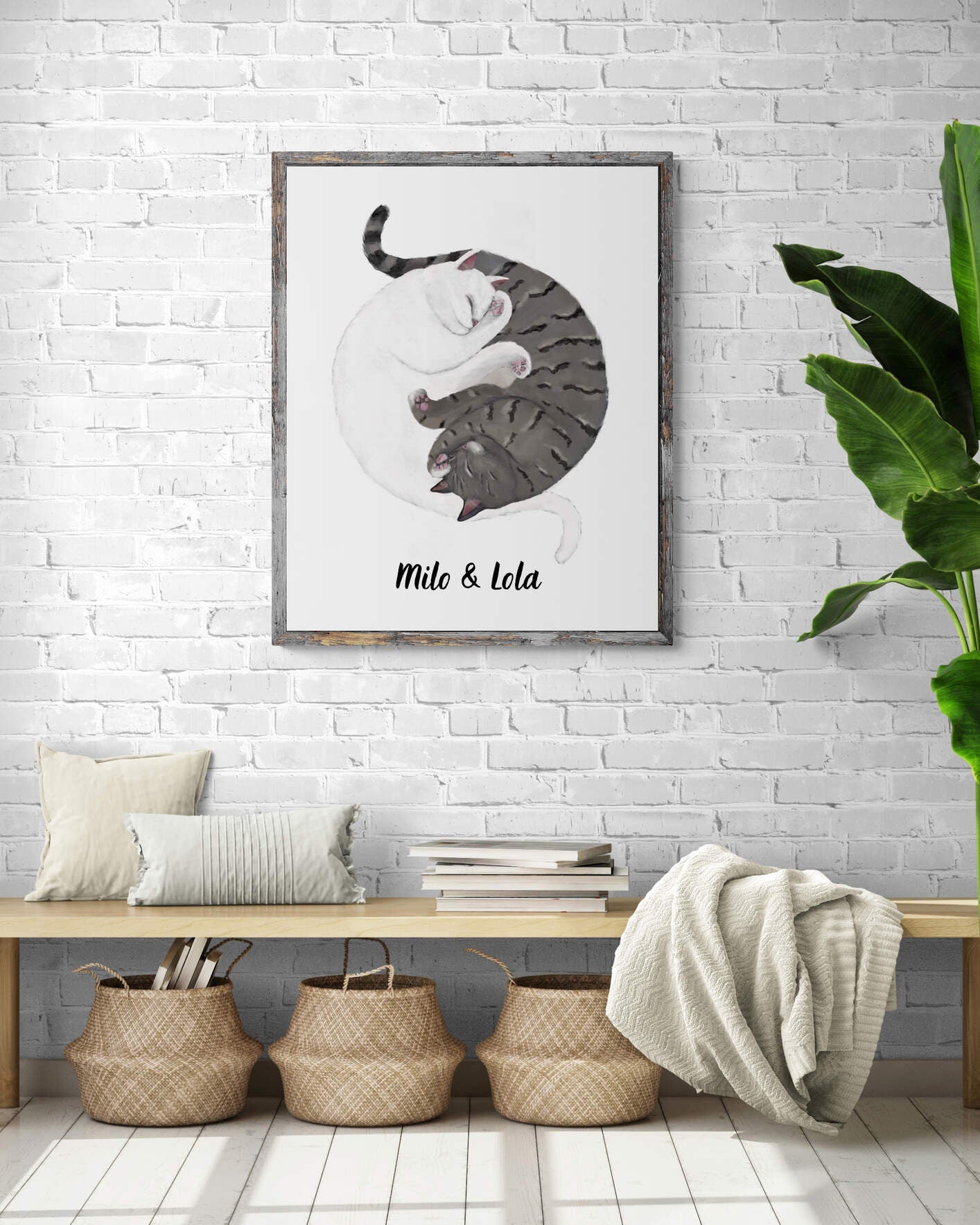 Customized Sleeping White And Gray Tabby Cat Print, Custom Cuddling Gray and White Cat, Cat Illustration, Home Decor, Lazy Cat Painting - MerikaArt