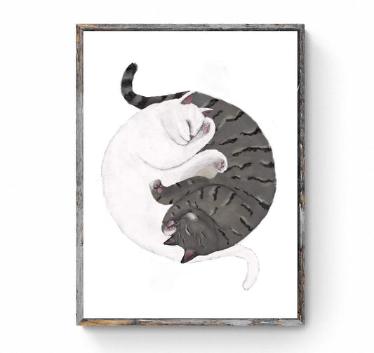 Customized Sleeping White And Gray Tabby Cat Print, Custom Cuddling Gray and White Cat, Cat Illustration, Home Decor, Lazy Cat Painting - MerikaArt