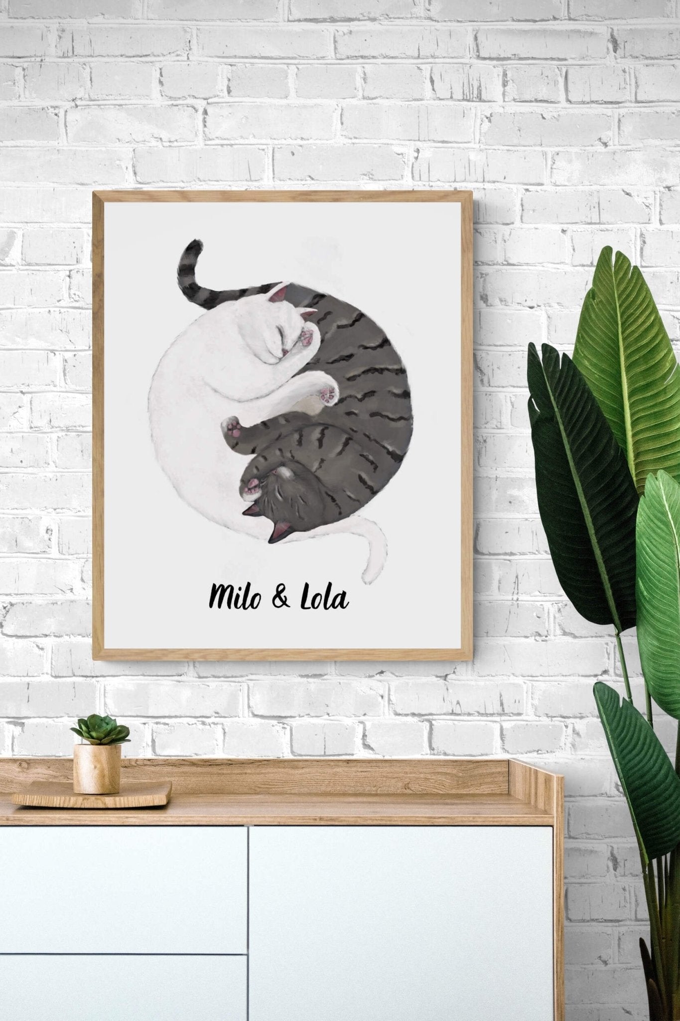 Customized Sleeping White And Gray Tabby Cat Print, Custom Cuddling Gray and White Cat, Cat Illustration, Home Decor, Lazy Cat Painting - MerikaArt