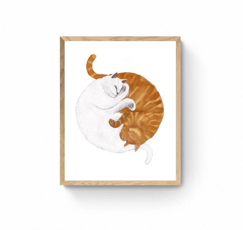 Customized Sleeping White And Orange Tabby Cat Print, Custom Cuddling Ginger and White Cat, Crazy Cat Lady Art, Home Decor, Cat Owner Gift, - MerikaArt