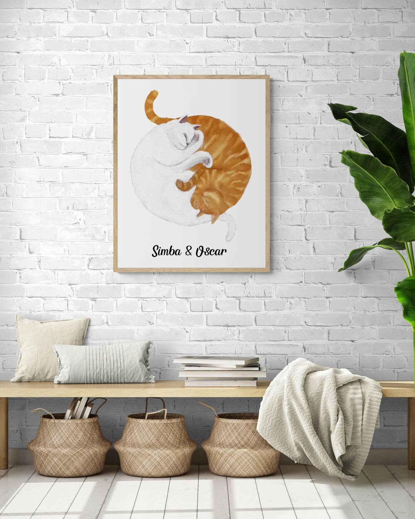 Customized Sleeping White And Orange Tabby Cat Print, Custom Cuddling Ginger and White Cat, Crazy Cat Lady Art, Home Decor, Cat Owner Gift, - MerikaArt