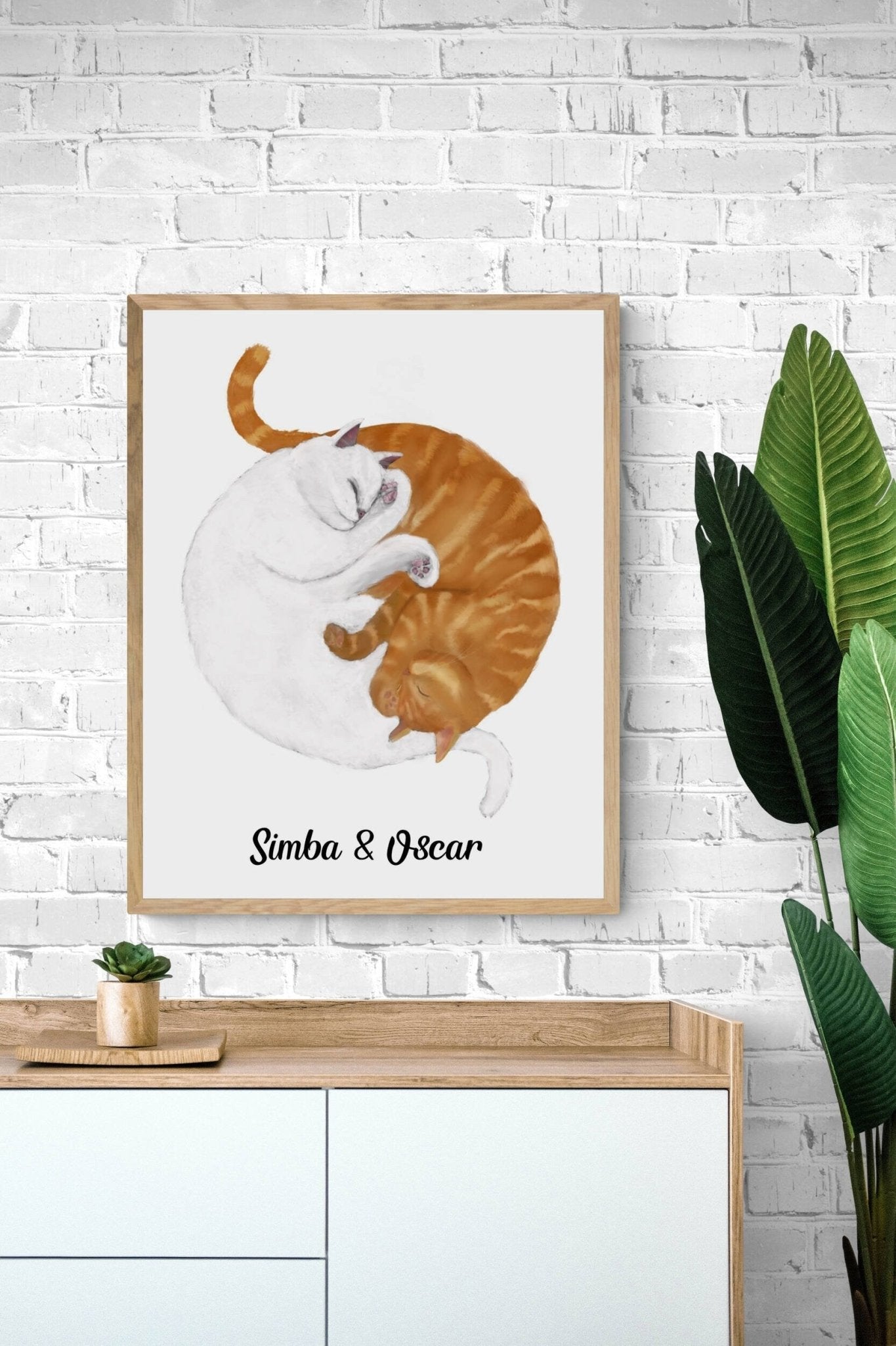 Customized Sleeping White And Orange Tabby Cat Print, Custom Cuddling Ginger and White Cat, Crazy Cat Lady Art, Home Decor, Cat Owner Gift, - MerikaArt