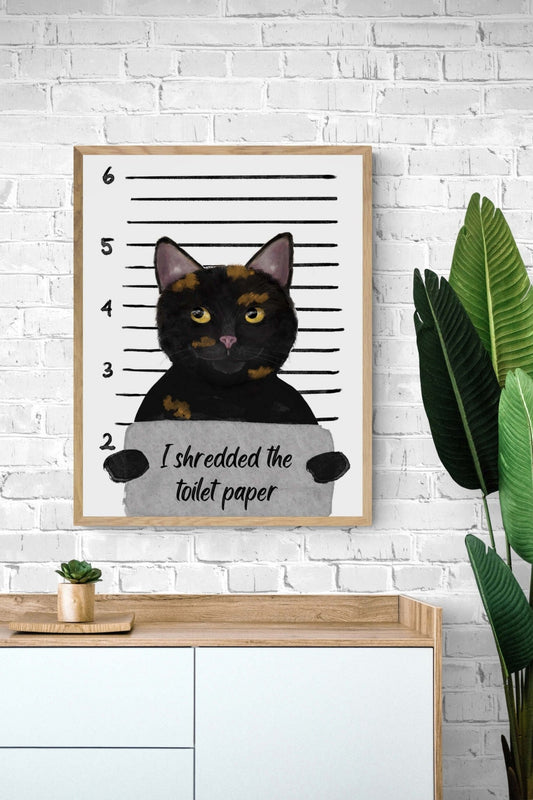 Customized Tortoiseshell Cat Mug Shot Print, Tortie Cat in Prison Artwork, Bathroom Painting, Cat With Toilet Paper Print, Cat Lover Gift - MerikaArt