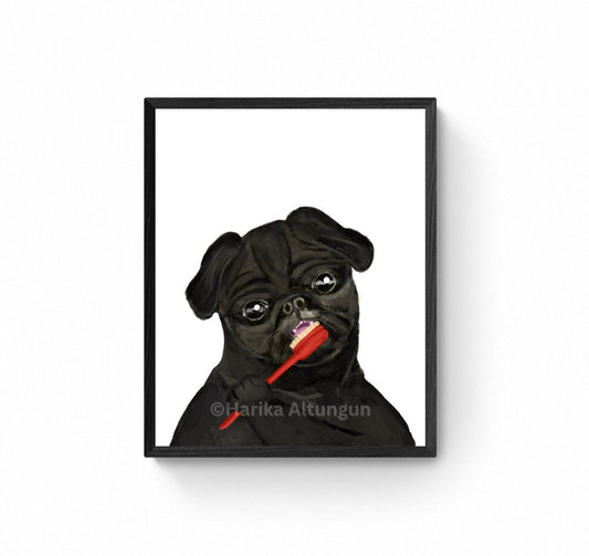 Cute Black Pug Brushing Teeth Print, Dog Sitting With Toothbrush Artwork, Bathroom Dog Painting, Dog Spa Print, Pug Lover Gift - MerikaArt