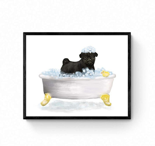 Cute Black Pug In Tub Print, Bathing Pug Print, Bathroom Art, Bathroom Dog Painting, Dog Relaxing In Bath Print, Pug Lover Gift - MerikaArt