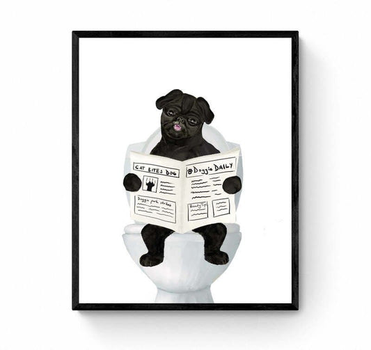 Cute Black Pug On Toilet Print, Dog Sitting on Toilet Artwork, Bathroom Dog Painting, Dog Reading Newspaper Print, Pug Lover Gift - MerikaArt