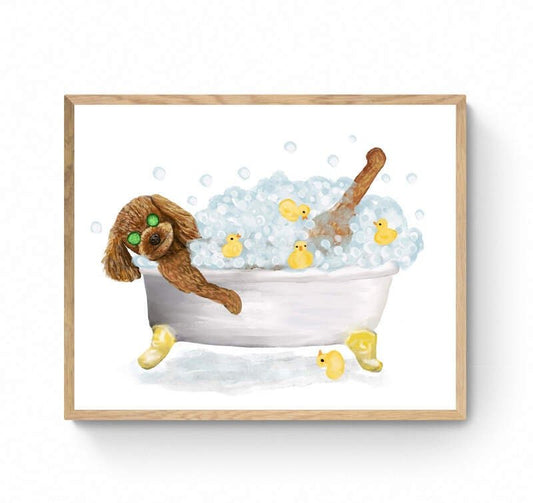 Cute Brown Poodle In Tub Print, Bathing Poodle Print, Bathroom Art, Bathroom Dog Painting, Dog Relaxing In Bath Print, Poodle Lover Gift - MerikaArt