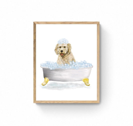 Cute Goldendoodle In Tub Print, Bathing Dog Print, Bathroom Art, Bathroom Dog Painting, Cream Dog Relaxing In Bath Print, Animal Lover Gift - MerikaArt