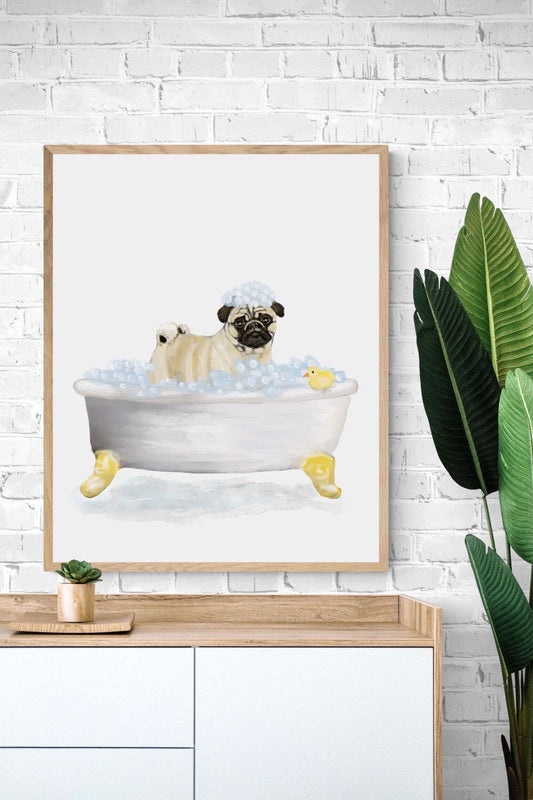 Cute Pug In Tub Print, Bathing Pug Print, Bathroom Art, Bathroom Dog Painting, Dog Relaxing In Bath Print, Pug Lover Gift - MerikaArt