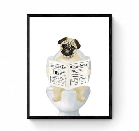 Cute Pug On Toilet Print, Dog Sitting on Toilet Print, Bathroom Art, Bathroom Dog Painting, Dog Reading Newspaper Print, Pug Lover Gift - MerikaArt