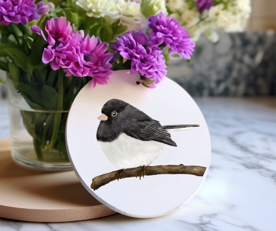 Dark - Eyed Junco Ceramic Coaster - MerikaArt
