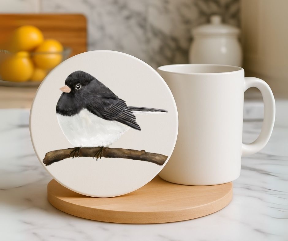 Dark - Eyed Junco Ceramic Coaster - MerikaArt