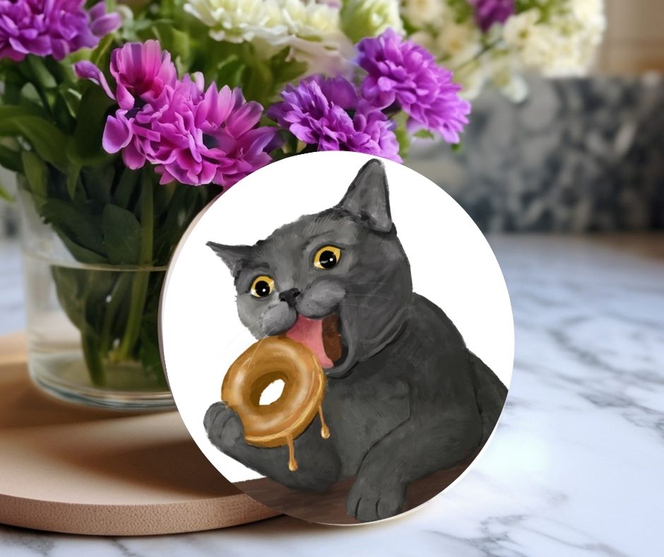 Donut Lover Gray Cat Ceramic Coaster - MerikaArt