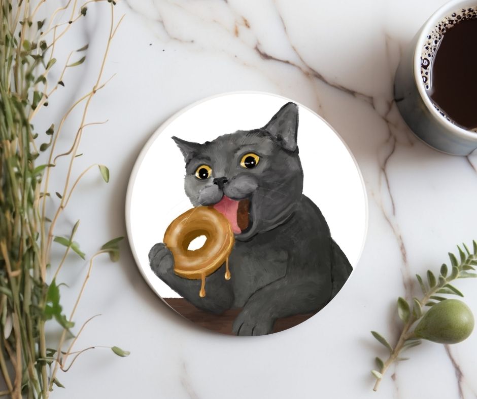 Donut Lover Gray Cat Ceramic Coaster - MerikaArt