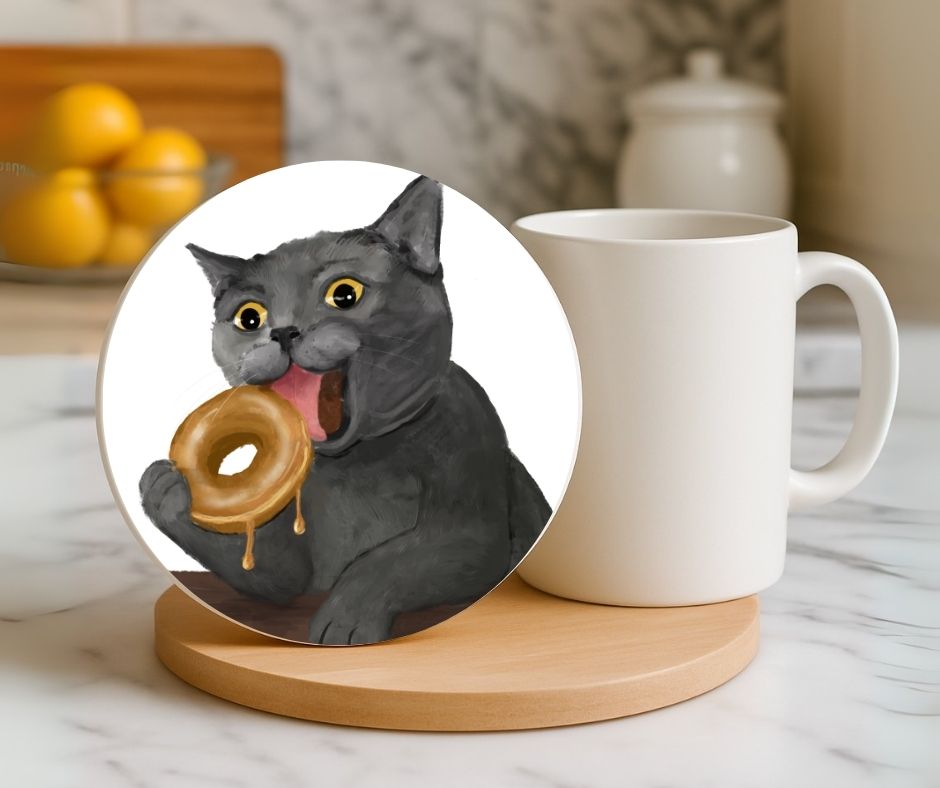 Donut Lover Gray Cat Ceramic Coaster - MerikaArt