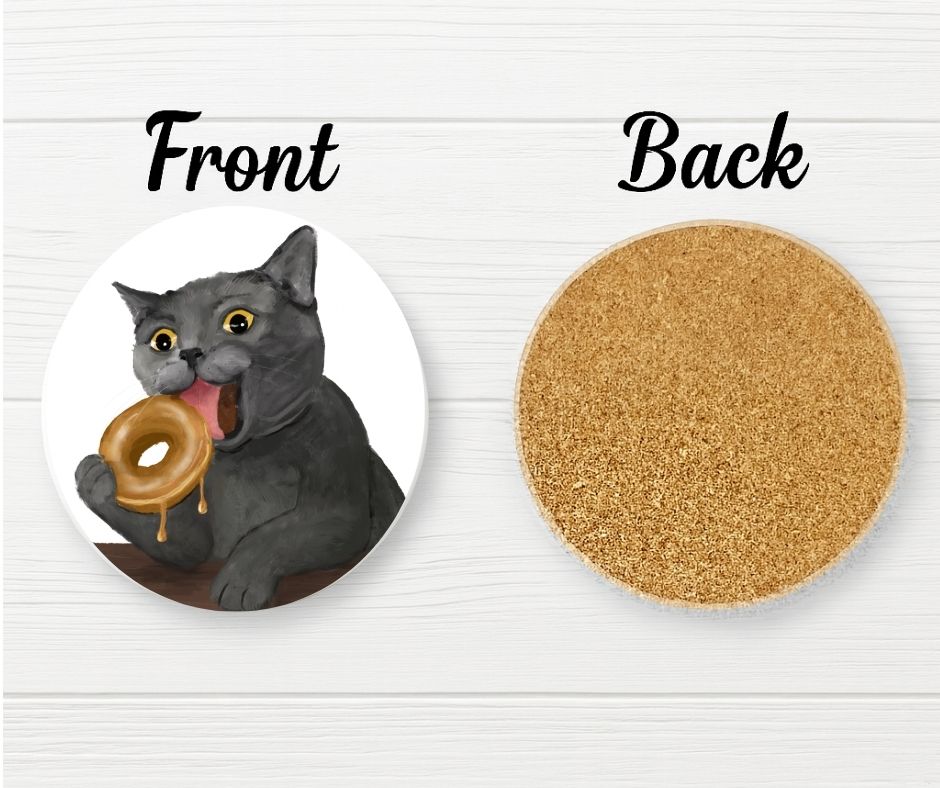 Donut Lover Gray Cat Ceramic Coaster - MerikaArt