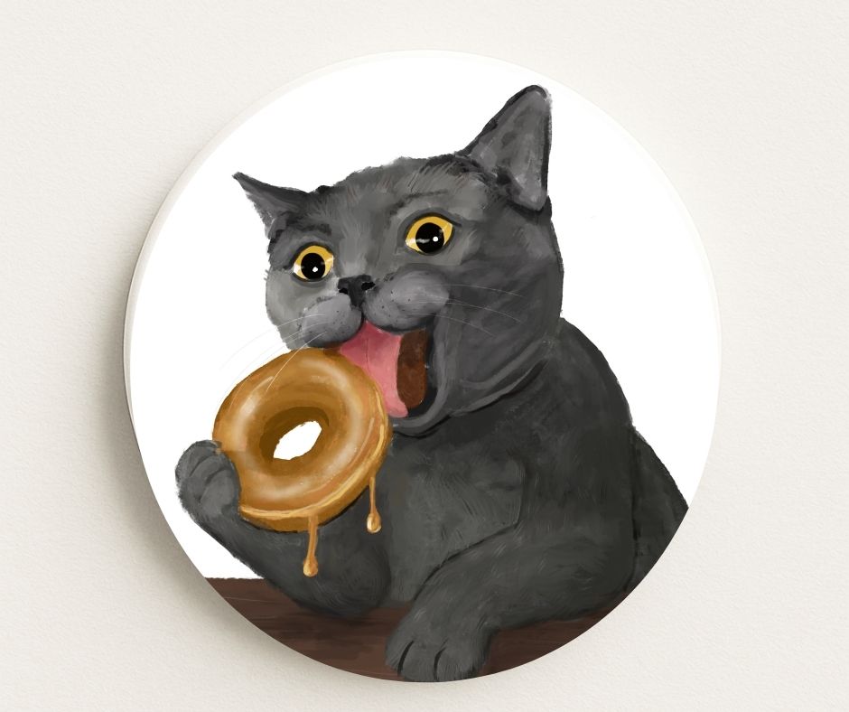 Donut Lover Gray Cat Ceramic Coaster - MerikaArt