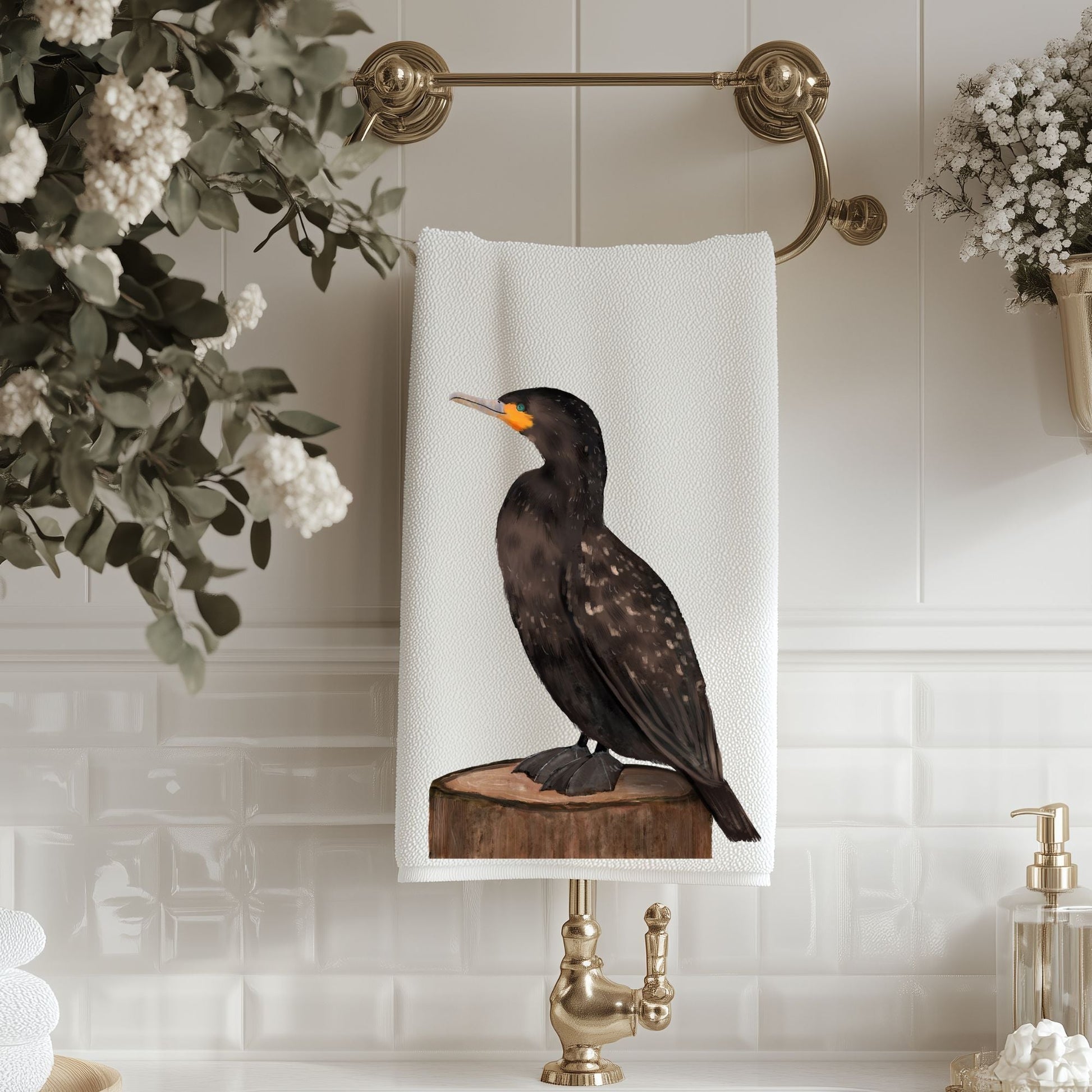 Double - Crested Cormorant Bathroom Towel - MerikaArt