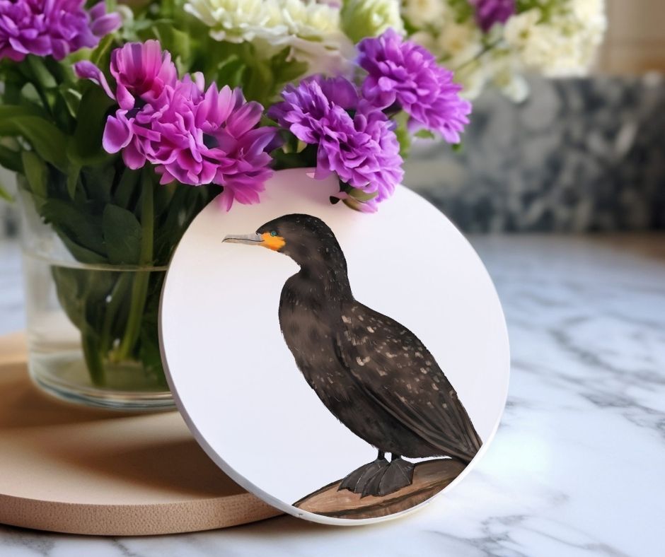 Double - Crested Cormorant Ceramic Coaster - MerikaArt