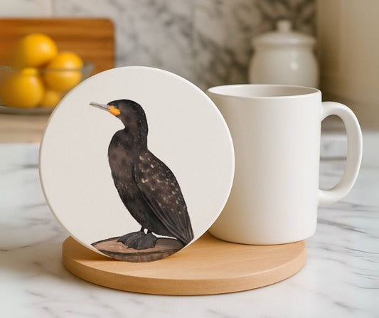 Double - Crested Cormorant Ceramic Coaster - MerikaArt
