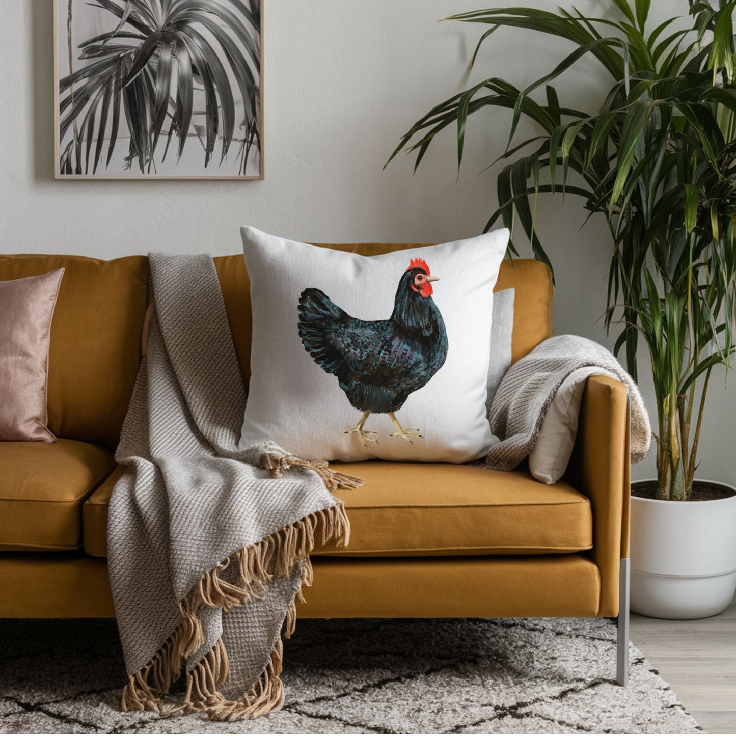 Elegant Black Hen Pillow - Farmhouse Nature Inspired Home Decor - MerikaArt