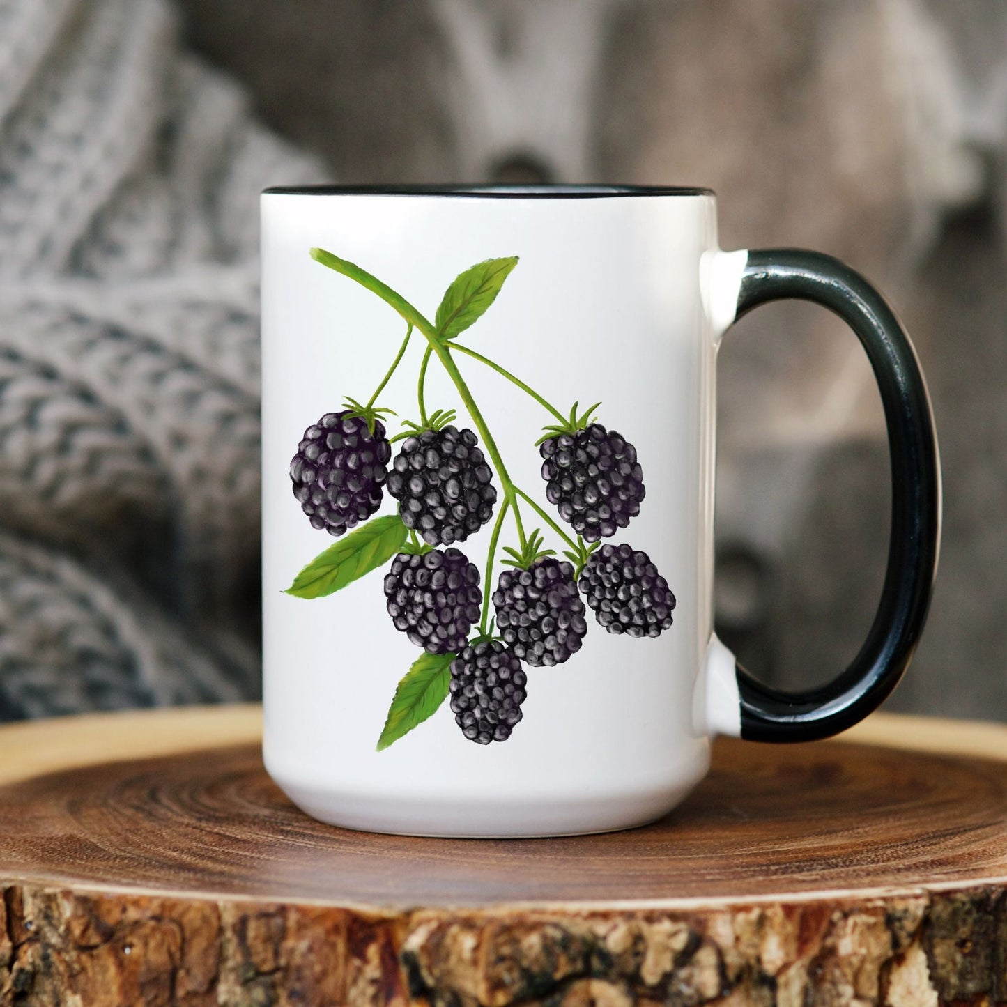 Elegant Blackberry Mug with Botanical Art - MerikaArt