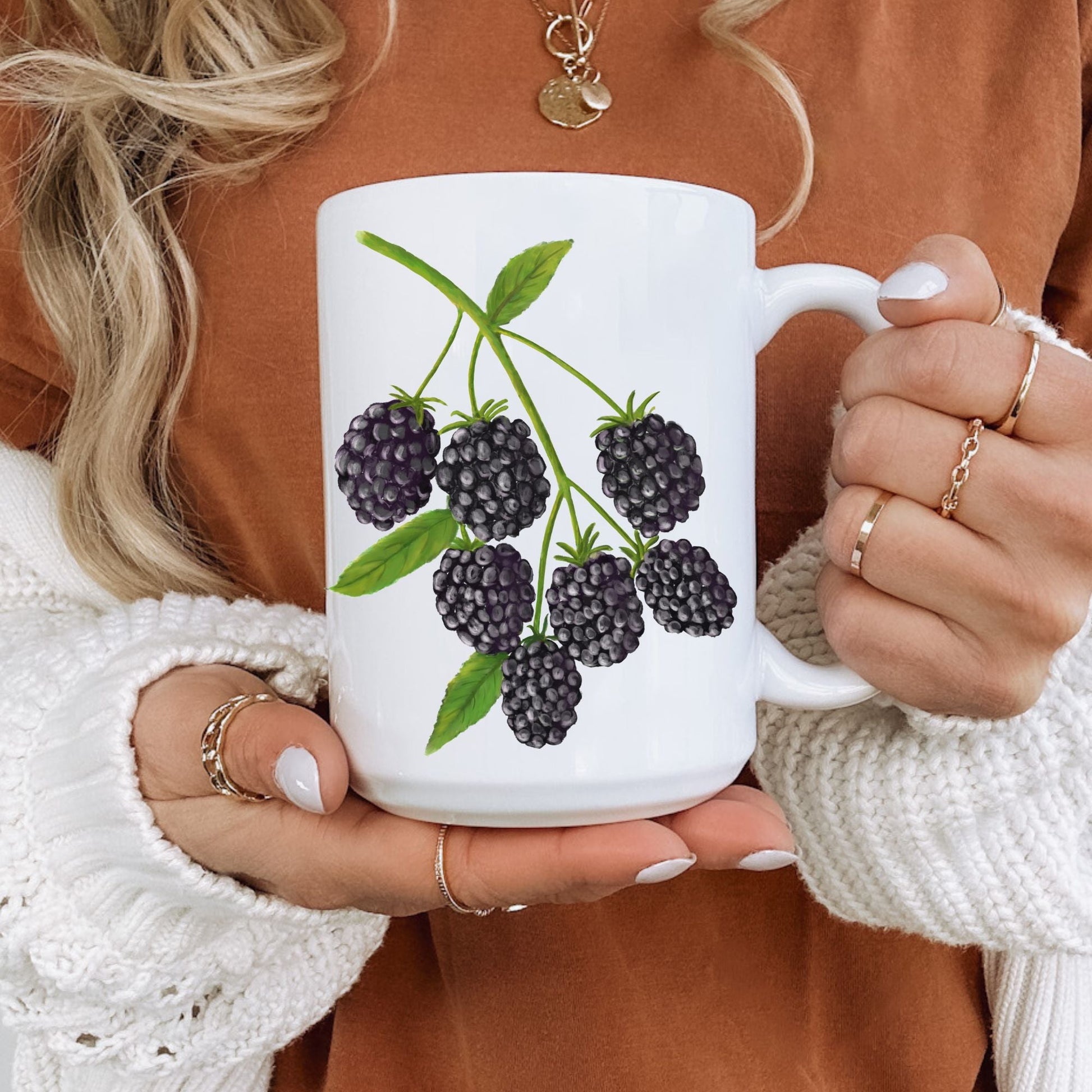 Elegant Blackberry Mug with Botanical Art - MerikaArt