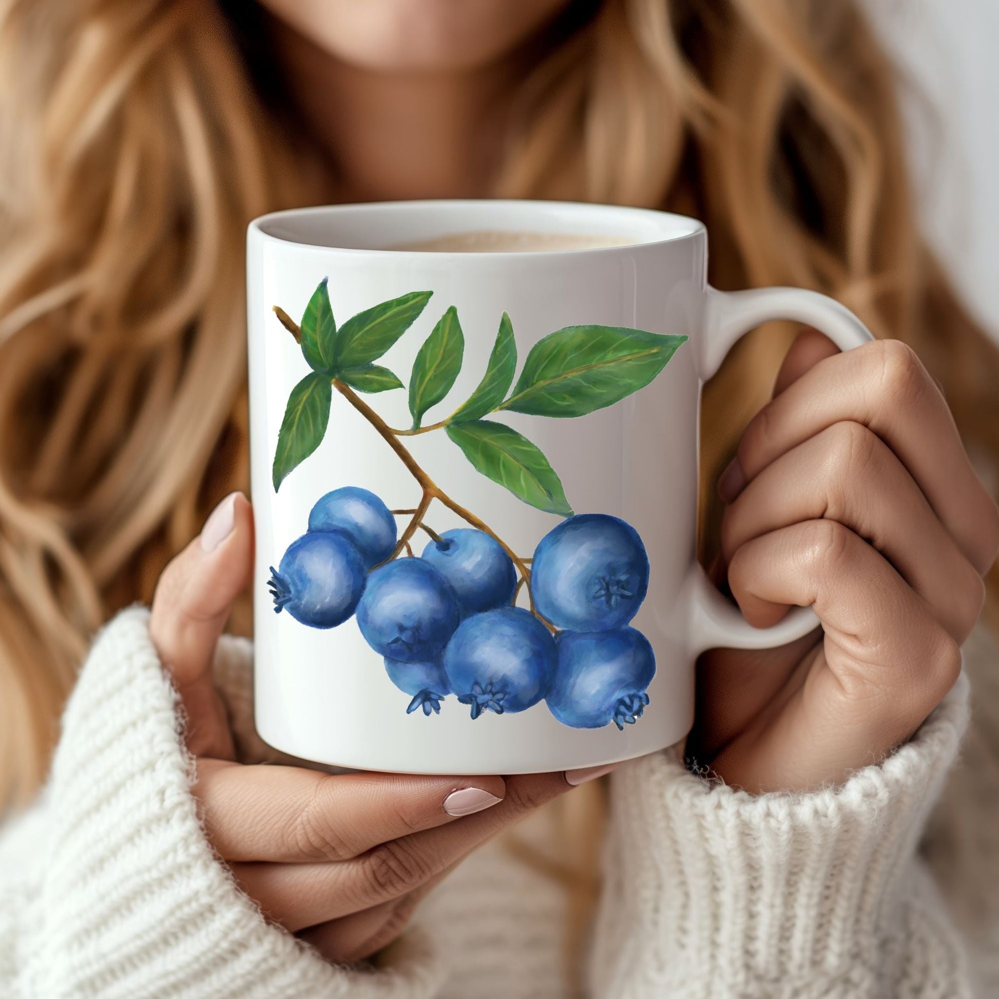 Elegant Blueberry Mug with Botanical Art - MerikaArt