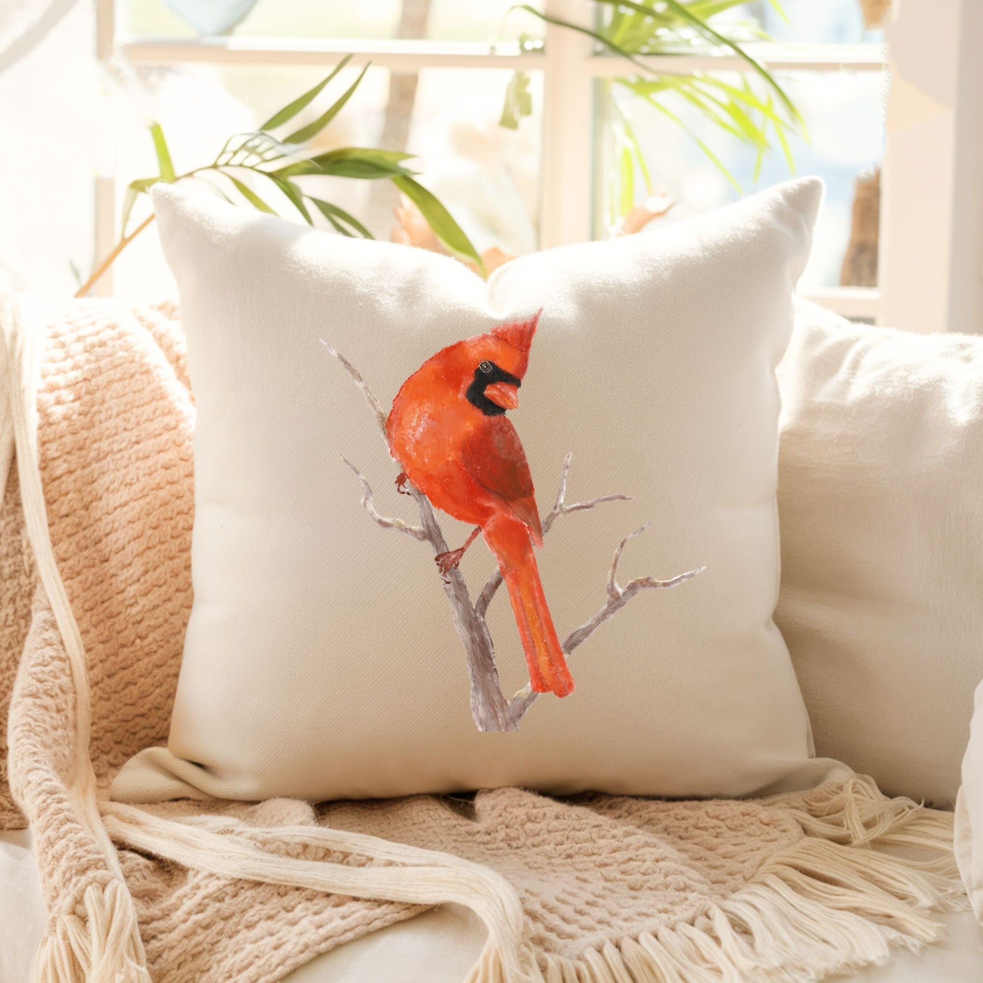 Elegant Cardinal Pillow - Nature Inspired Home Decor - MerikaArt