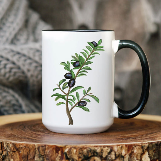 Elegant Olive Branch Mug with Botanical Art - MerikaArt