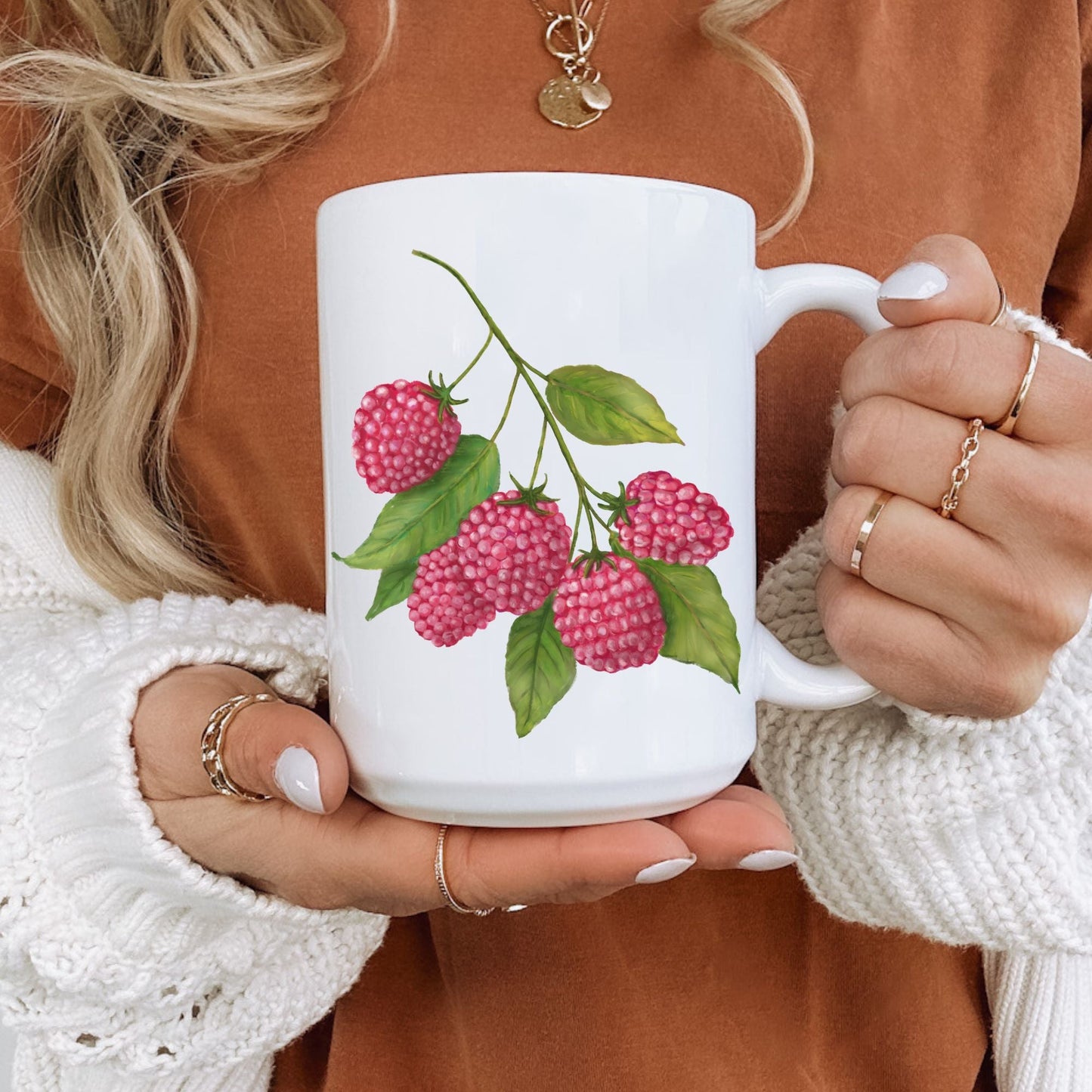 Elegant Raspberry Mug with Botanical Art - MerikaArt