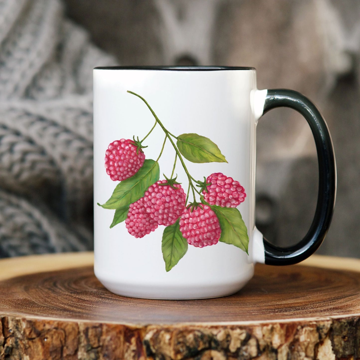 Elegant Raspberry Mug with Botanical Art - MerikaArt