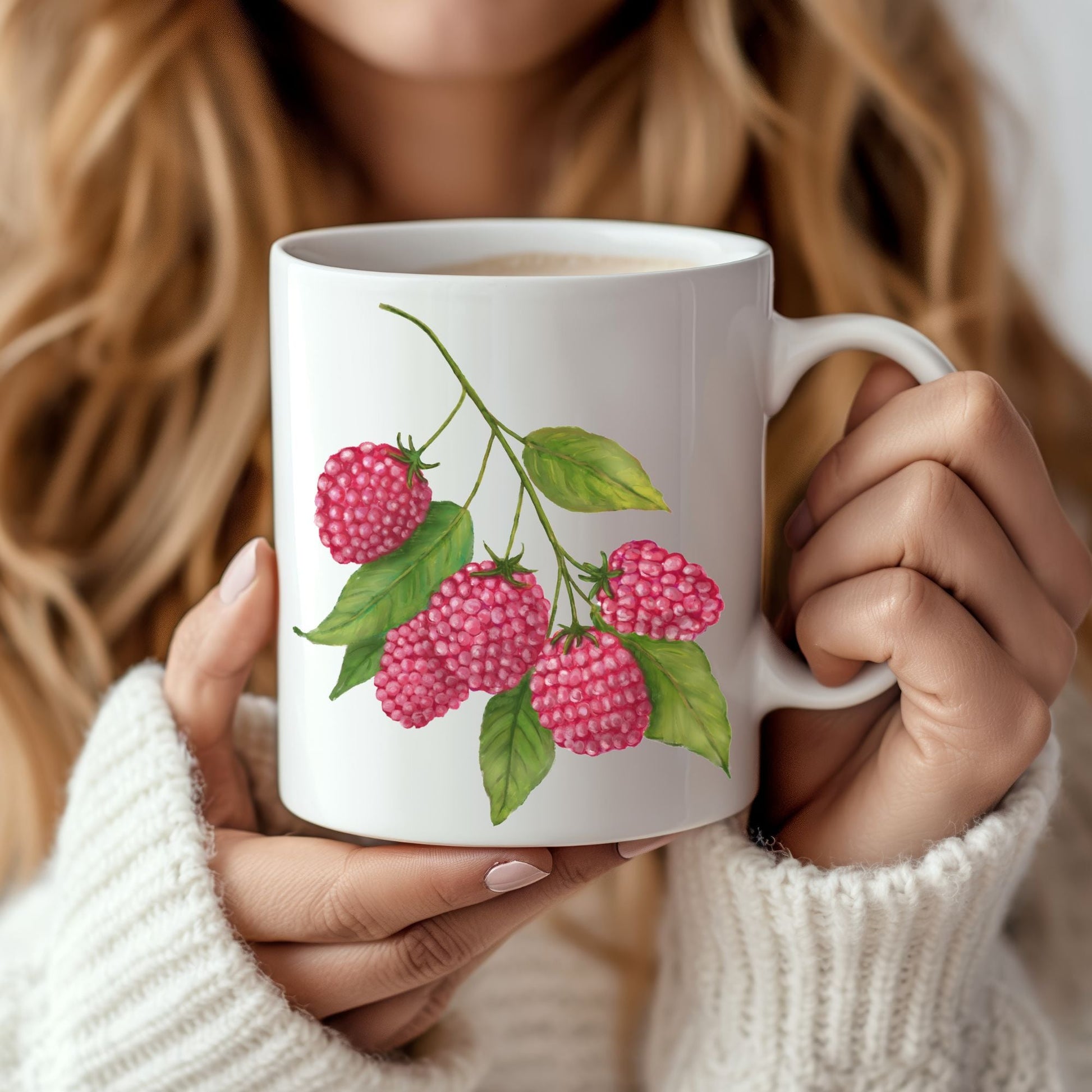 Elegant Raspberry Mug with Botanical Art - MerikaArt