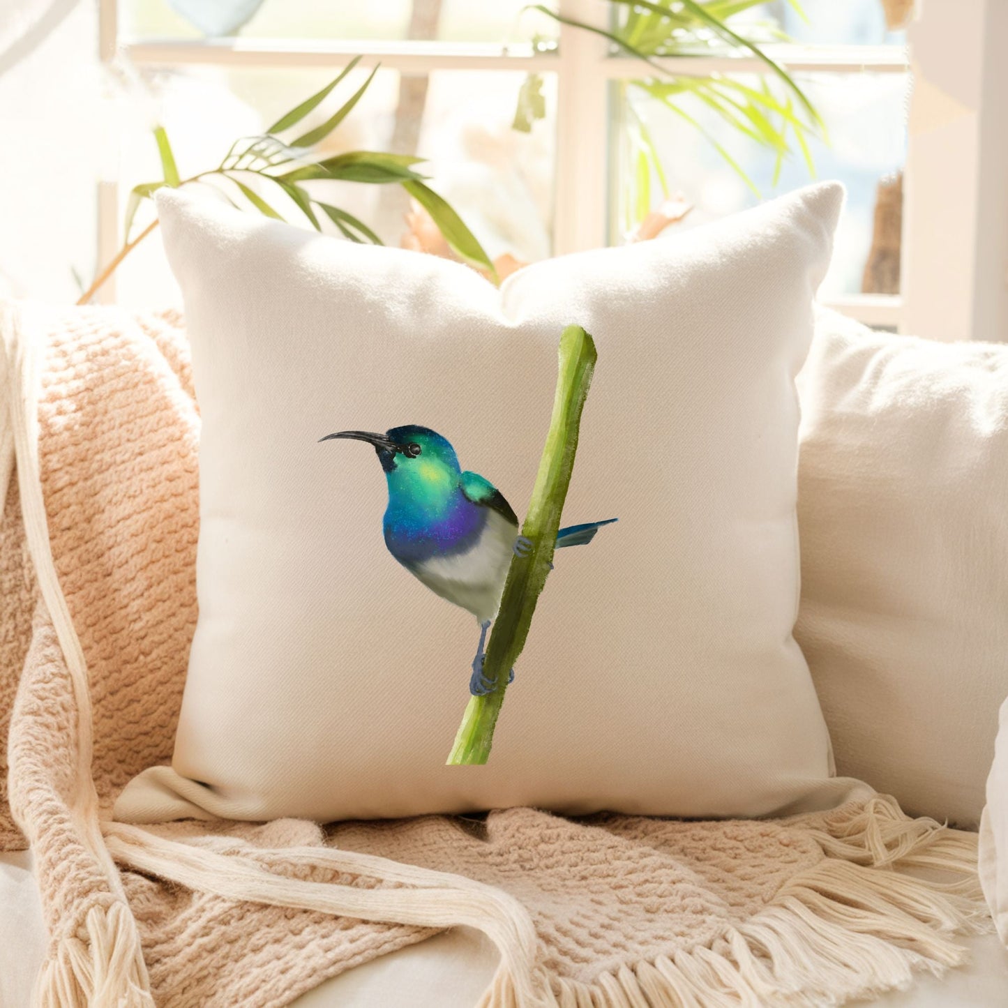 Elegant Sunbird Pillow - Nature Inspired Home Decor - MerikaArt