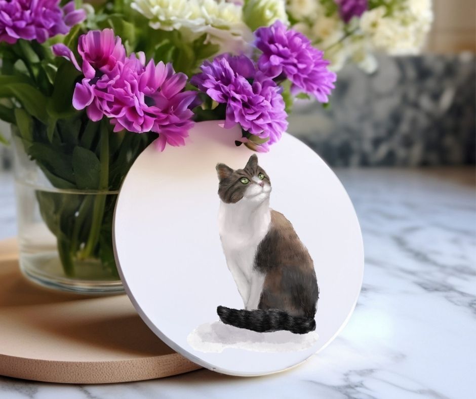 Elegant Tuxedo Cat Ceramic Coaster - MerikaArt
