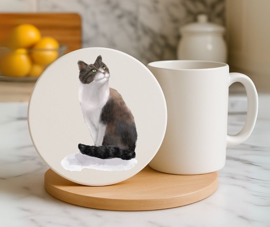 Elegant Tuxedo Cat Ceramic Coaster - MerikaArt