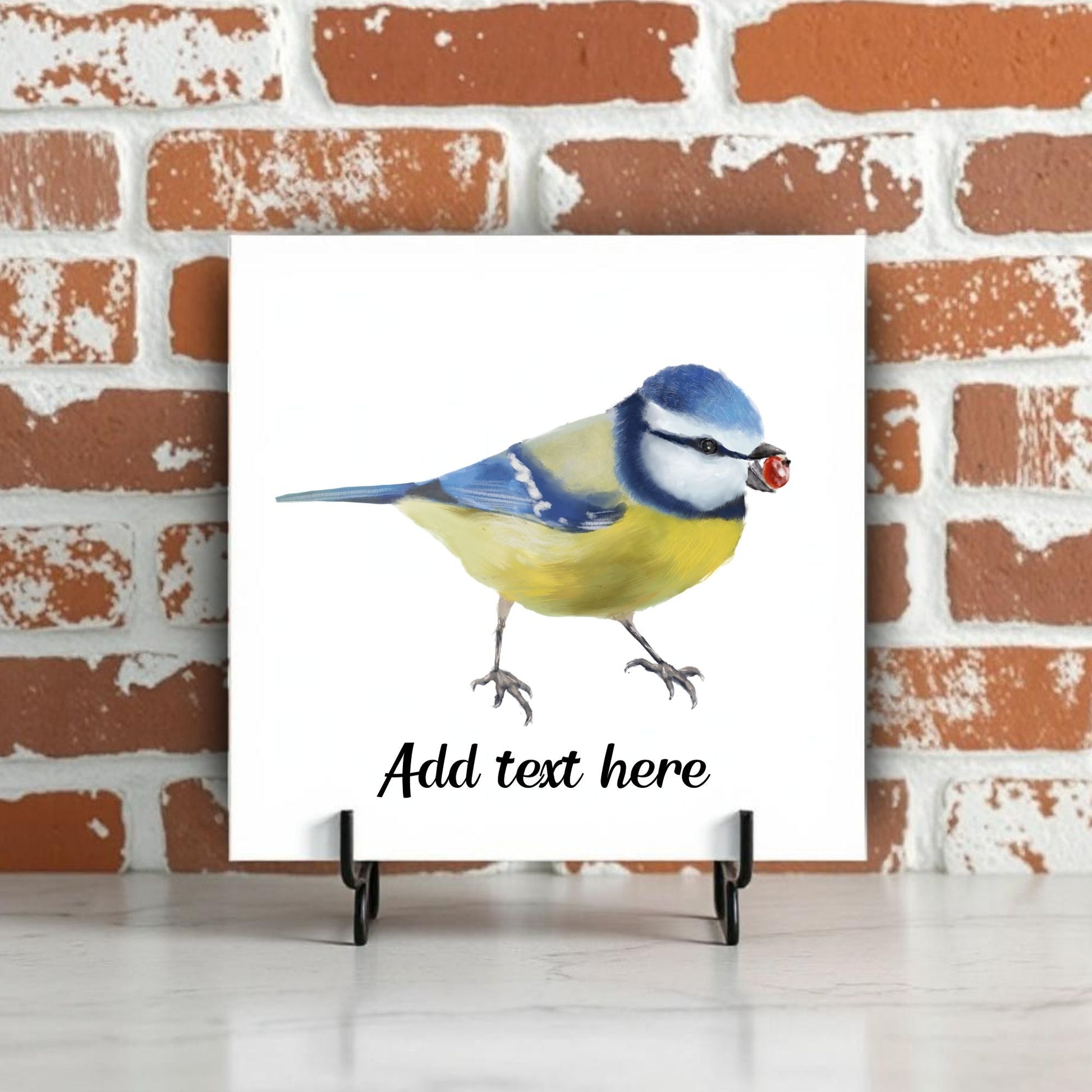 Eurasian Blue Tit with Berry Ceramic Tile – Handcrafted Bird Artwork - MerikaArt