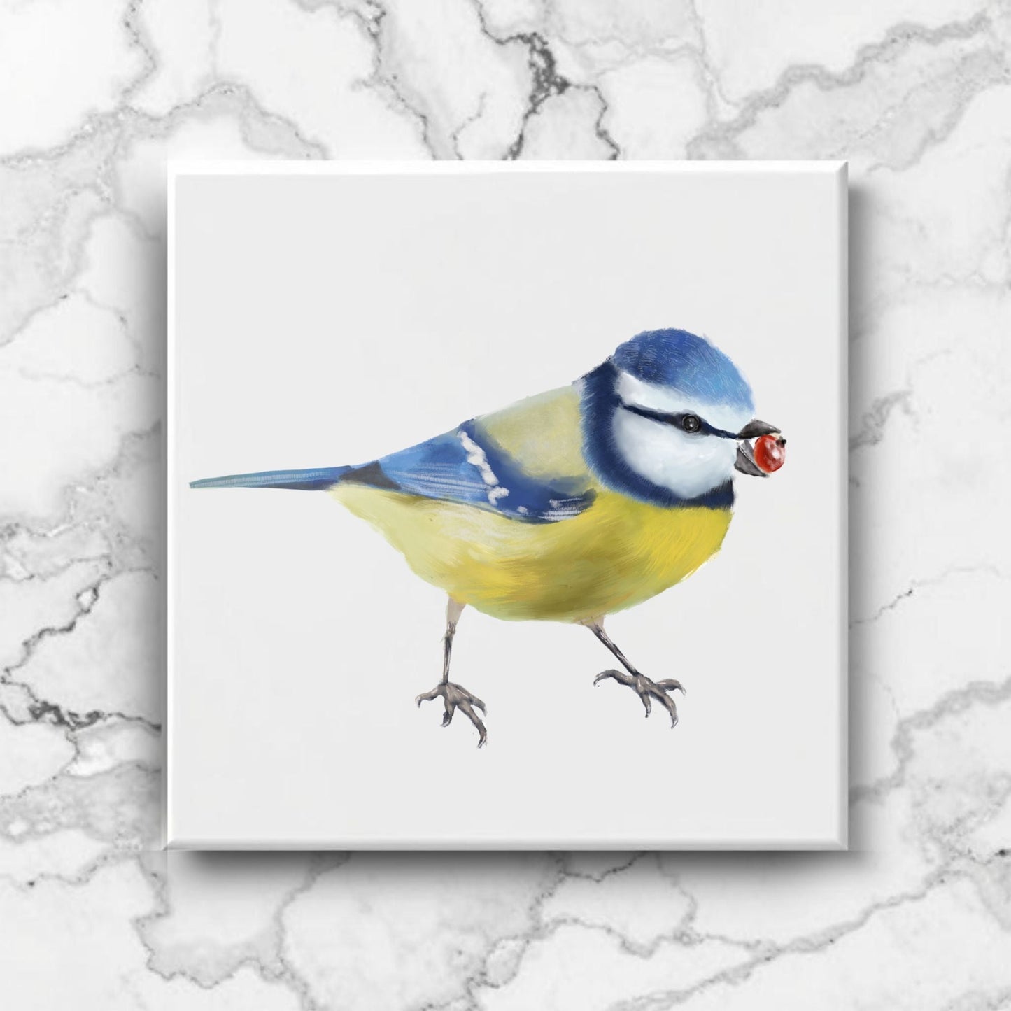 Eurasian Blue Tit with Berry Ceramic Tile – Handcrafted Bird Artwork - MerikaArt