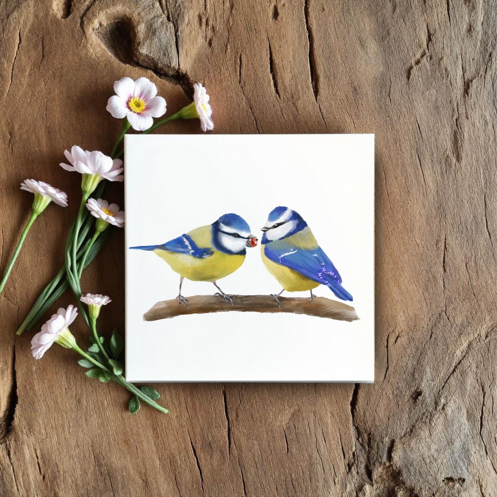 Eurasian Blue Tits Sharing a Berry Ceramic Tile – Handcrafted Bird Artwork - MerikaArt