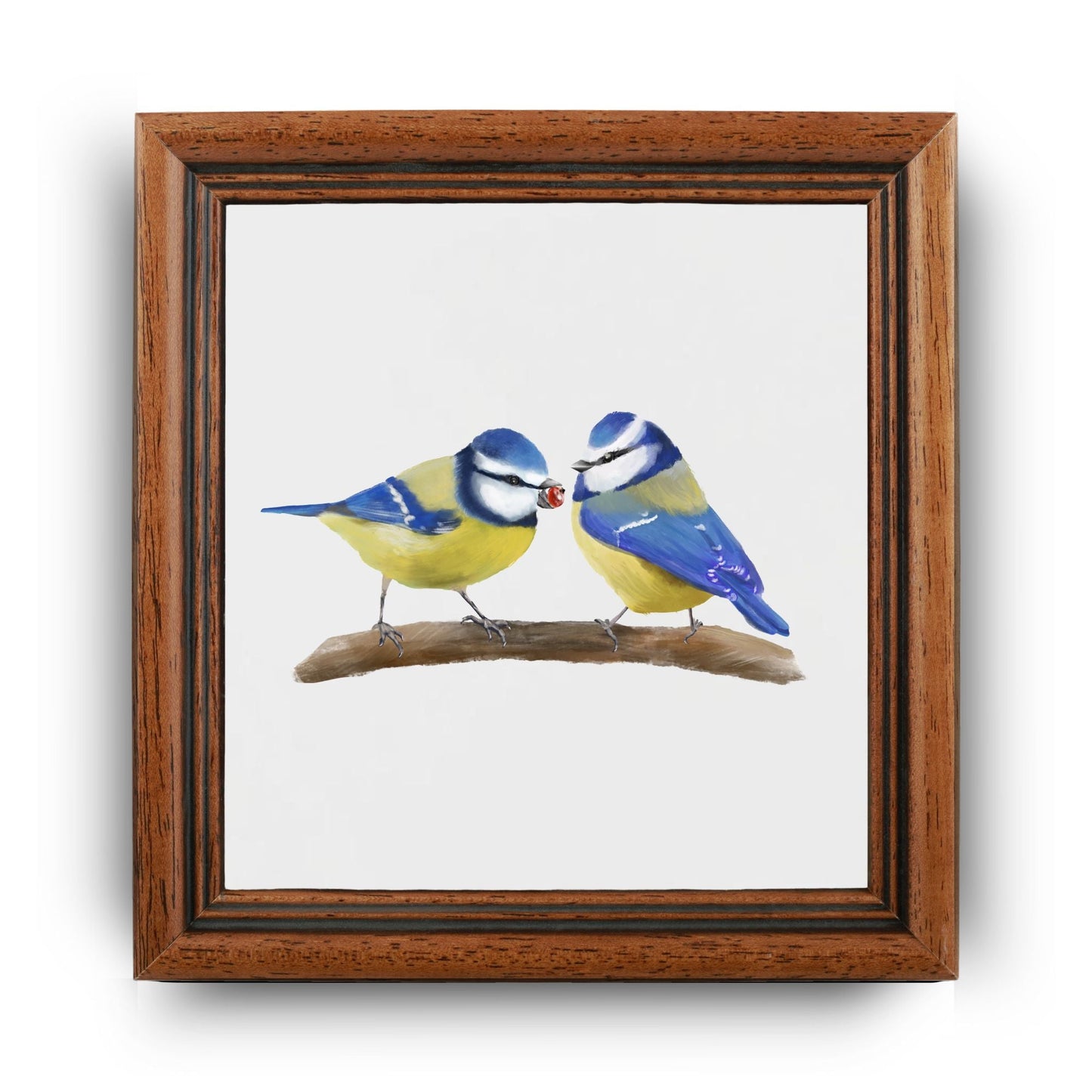 Eurasian Blue Tits Sharing a Berry Ceramic Tile – Handcrafted Bird Artwork - MerikaArt