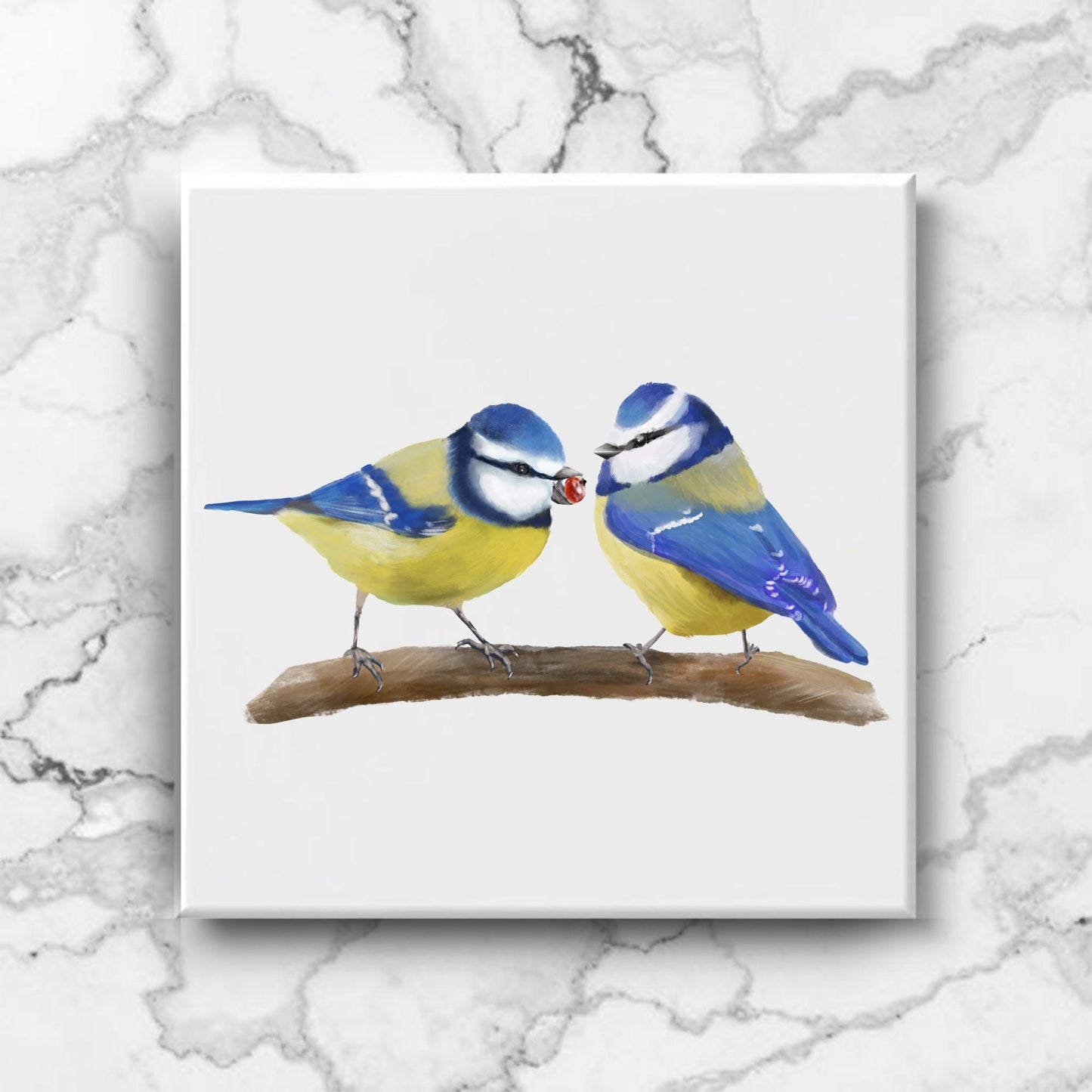 Eurasian Blue Tits Sharing a Berry Ceramic Tile – Handcrafted Bird Artwork - MerikaArt