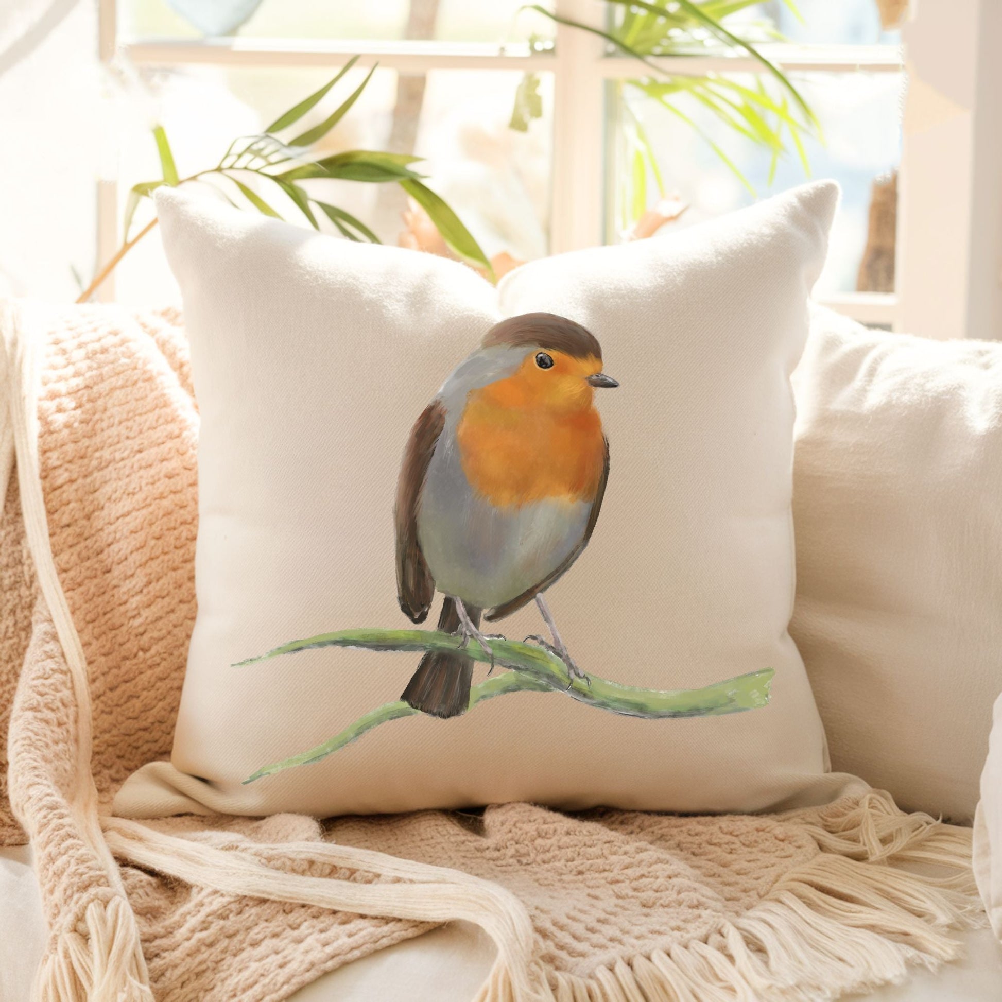 European Robin Bird Pillow - MerikaArt