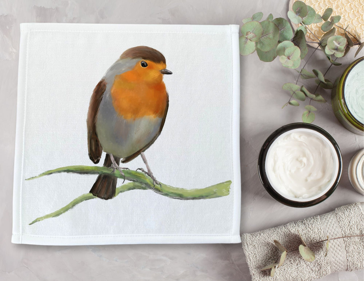 European Robin Bird Washcloth - MerikaArt