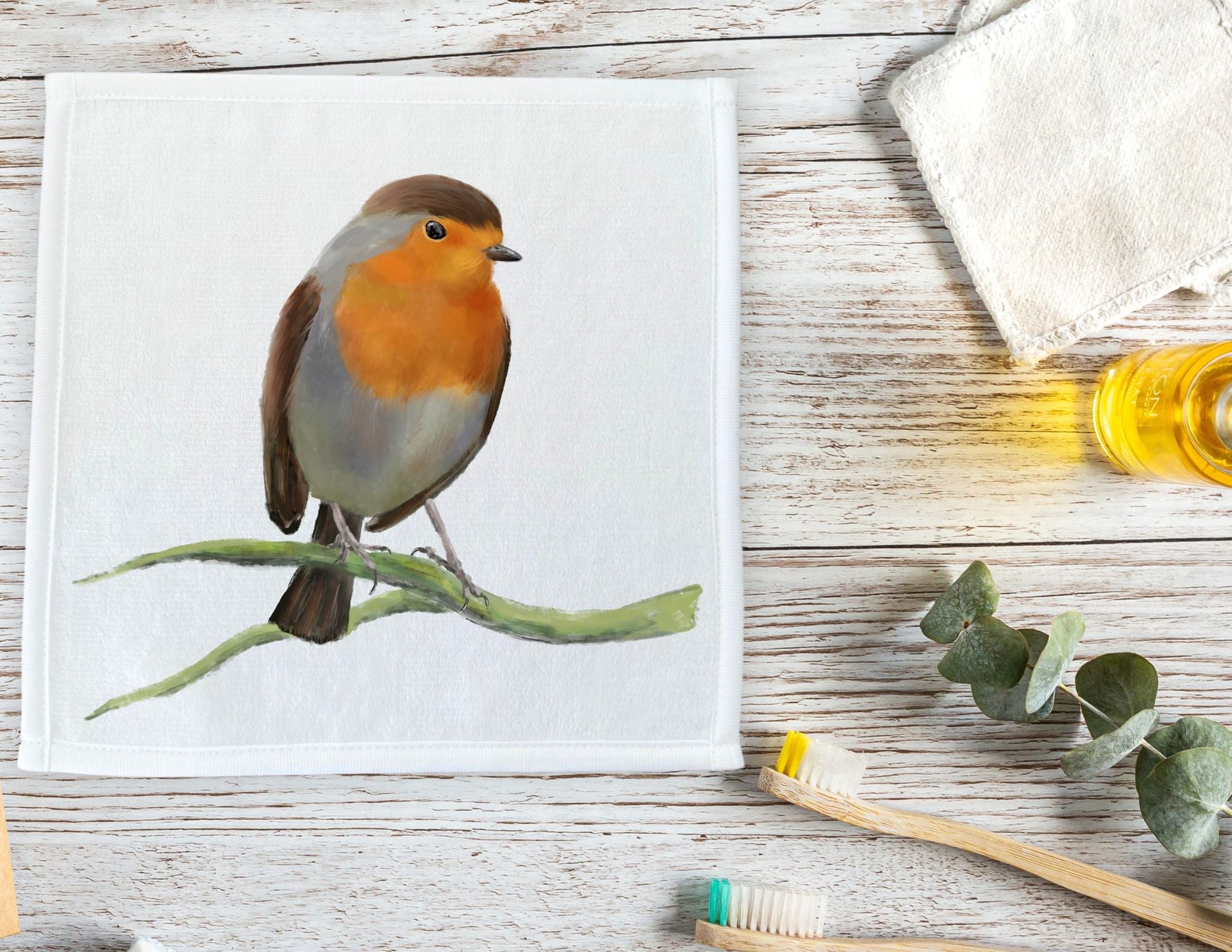 European Robin Bird Washcloth - MerikaArt