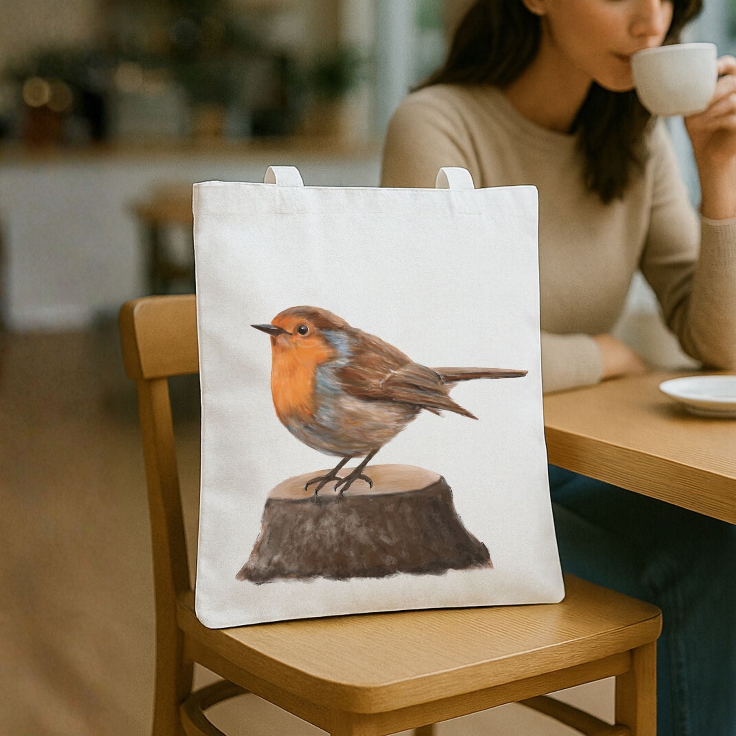 European Robin Canvas Tote Bag - MerikaArt
