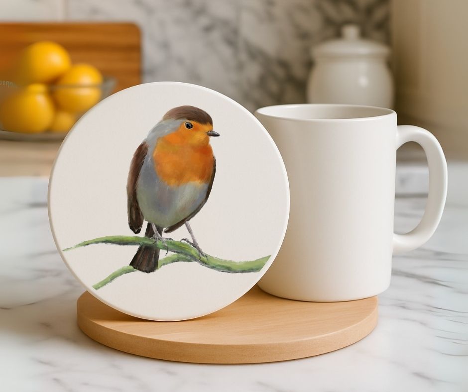 European Robin Ceramic Coaster - MerikaArt