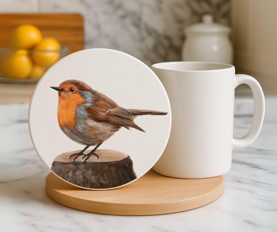 European Robin Ceramic Coaster - MerikaArt