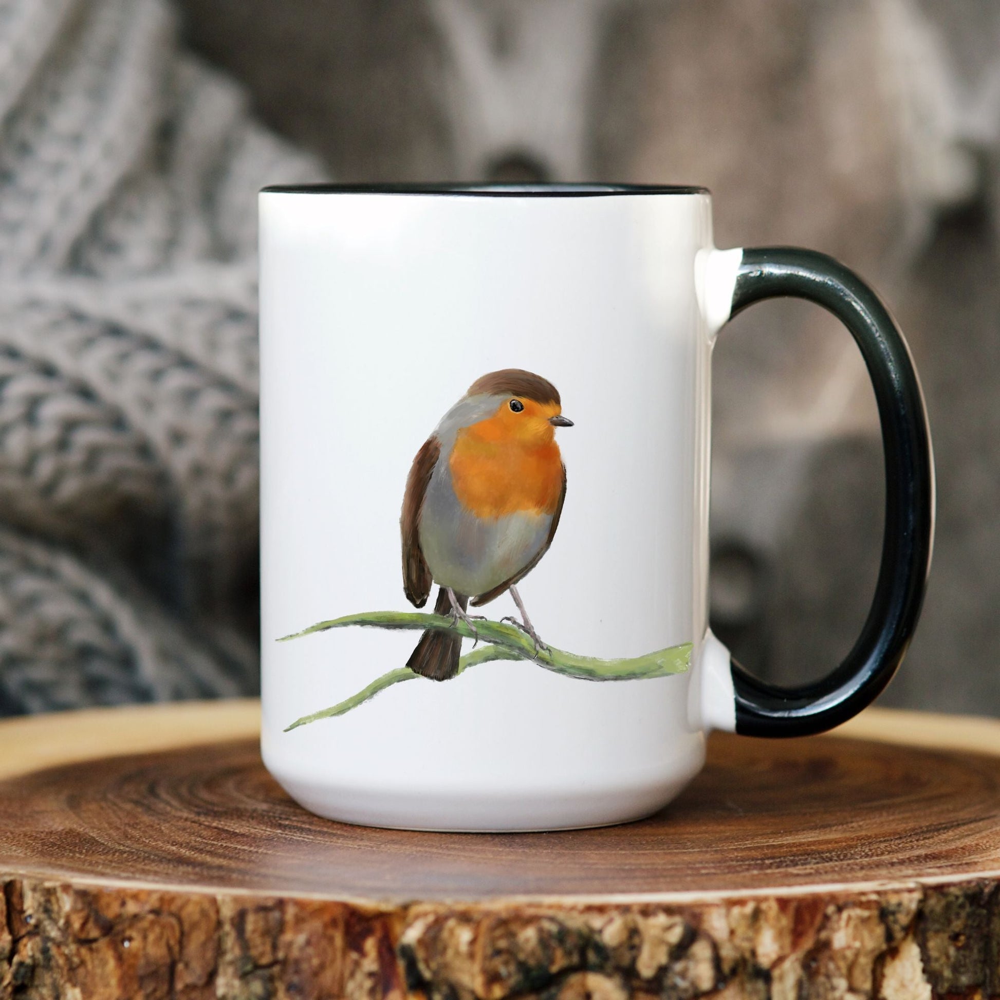 European Robin Mug with Hand - Illustrated Design - MerikaArt