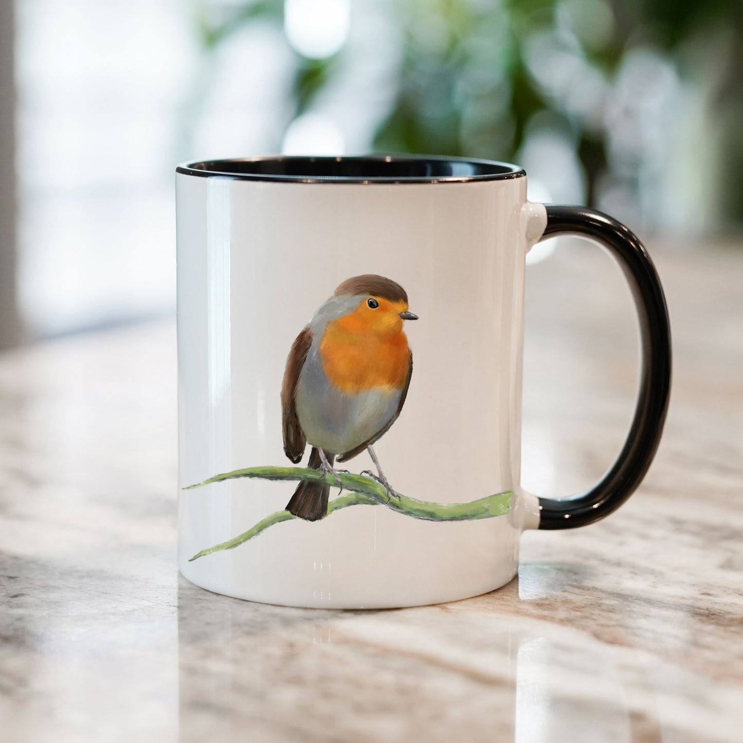 European Robin Mug with Hand - Illustrated Design - MerikaArt