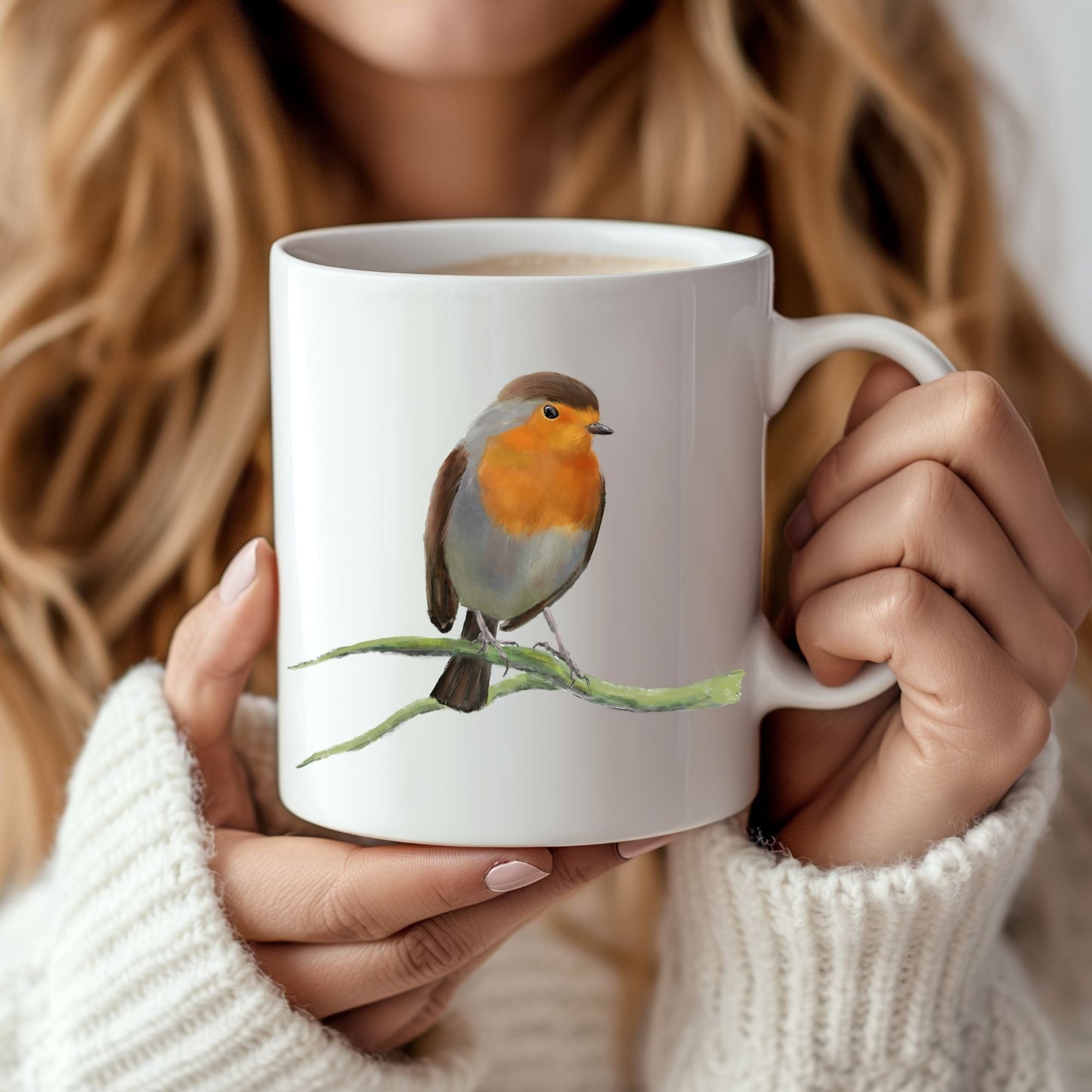 European Robin Mug with Hand - Illustrated Design - MerikaArt